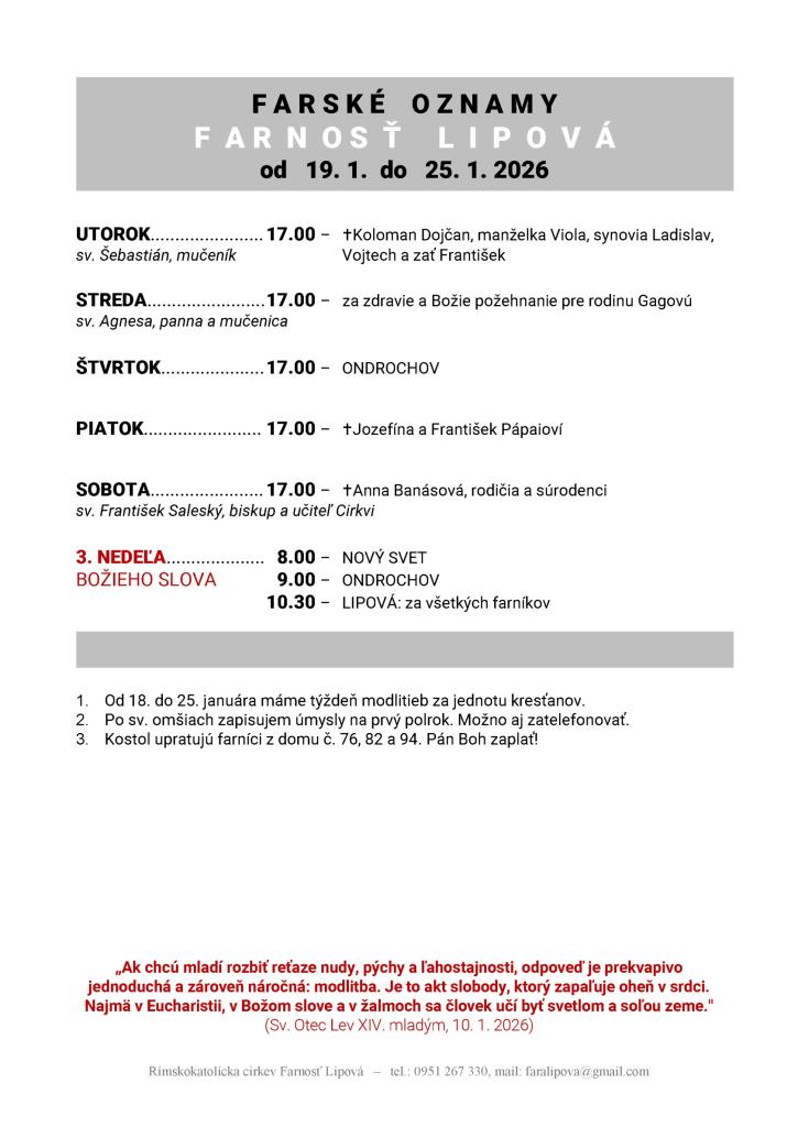 Poriadok bohoslužieb od&nbsp;19.01. do&nbsp;25.01.2026