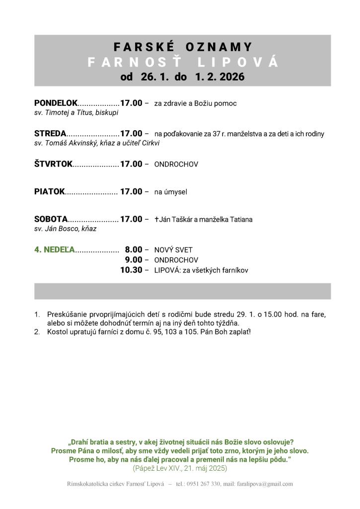 Poriadok bohoslužieb od 26.01. do 01.02.2026