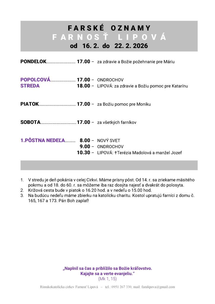 Poriadok bohoslužieb od&nbsp;16.02. do&nbsp;22.02.2026