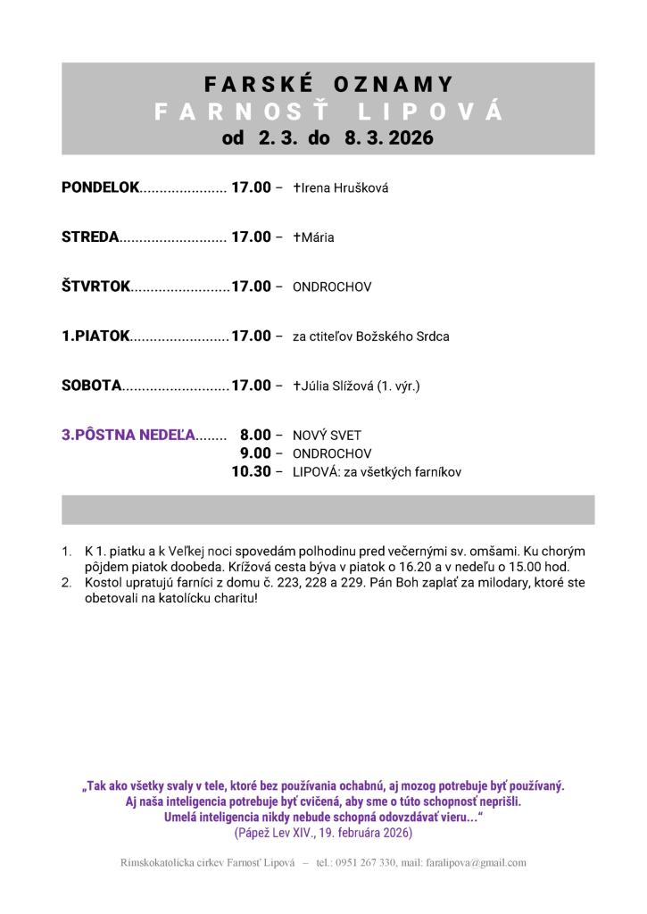 Poriadok bohoslužieb od&nbsp;02.03. do&nbsp;08.03.2026