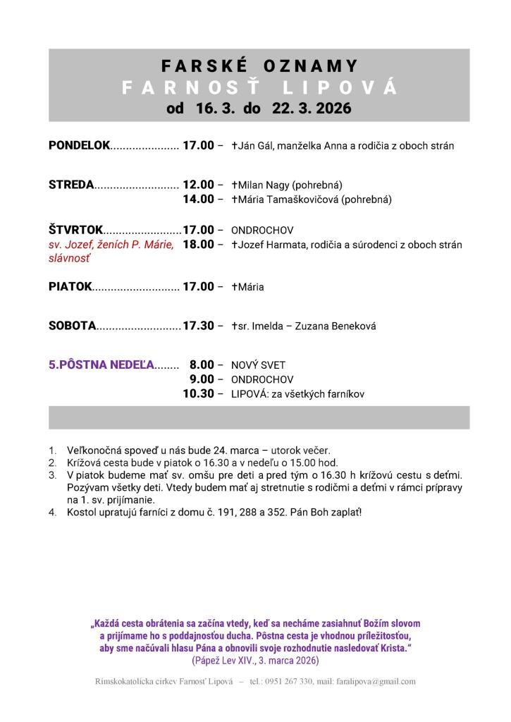 Poriadok bohoslužieb od&nbsp;16.03. do&nbsp;22.03.2026