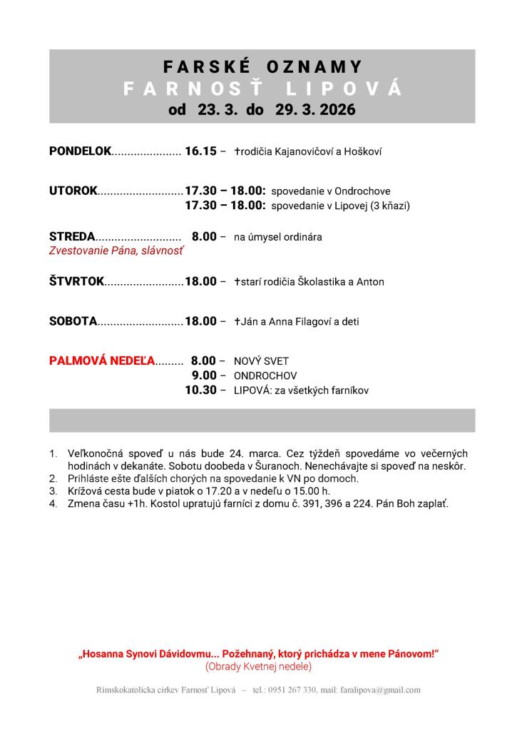 Poriadok bohoslužieb od&nbsp;23.03. do&nbsp;29.03.2026