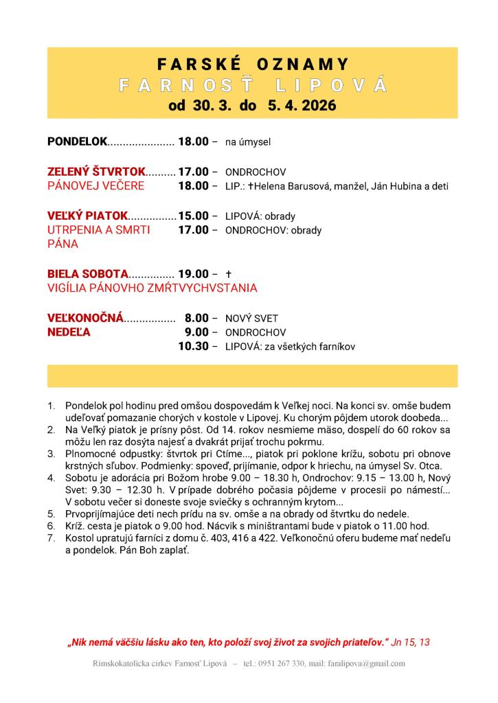 Poriadok bohoslužieb od&nbsp;30.03. do&nbsp;05.04.2026