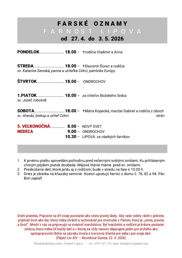 Poriadok bohoslužieb od&nbsp;27.04. do&nbsp;03.05.2026