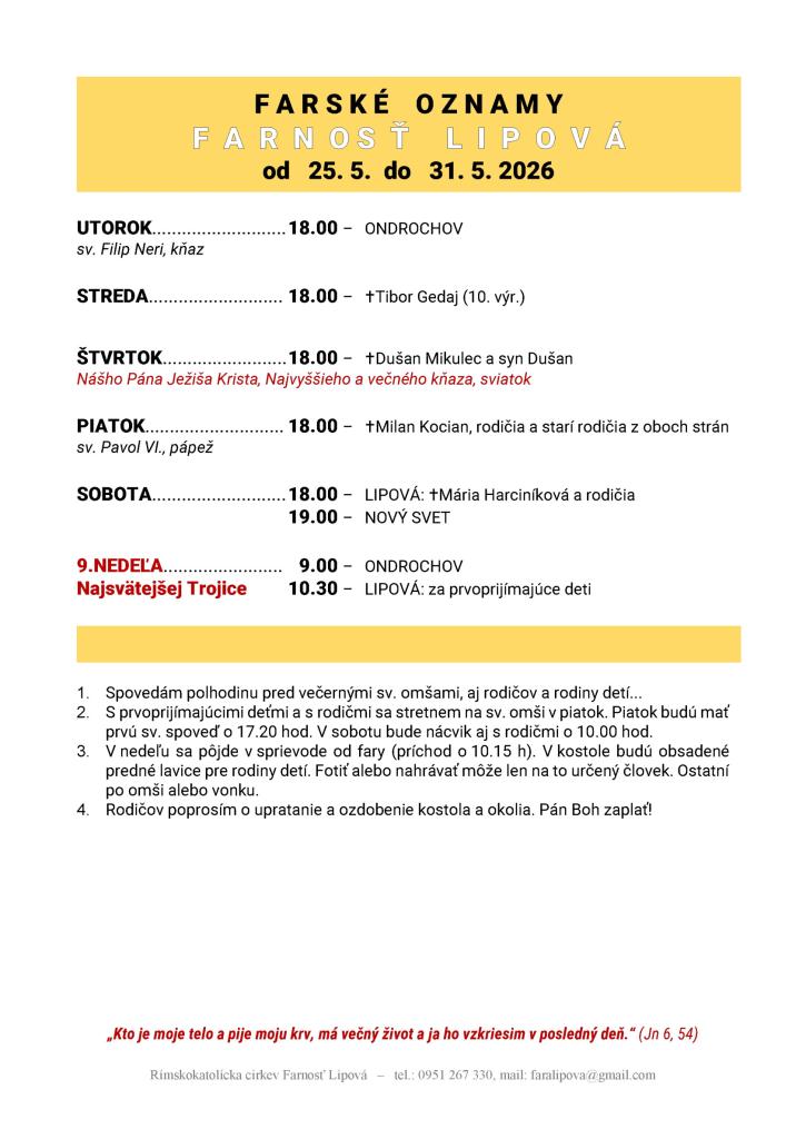 Poriadok bohoslužieb od&nbsp;25.05. do&nbsp;31.05.2026
