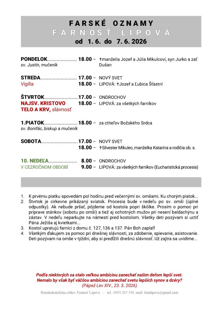 Poriadok bohoslužieb od&nbsp;01.06. do&nbsp;07.06.2026