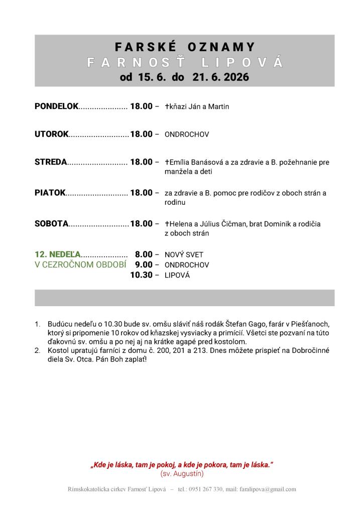 Poriadok bohoslužieb od&nbsp;15.06. do&nbsp;21.06.2026
