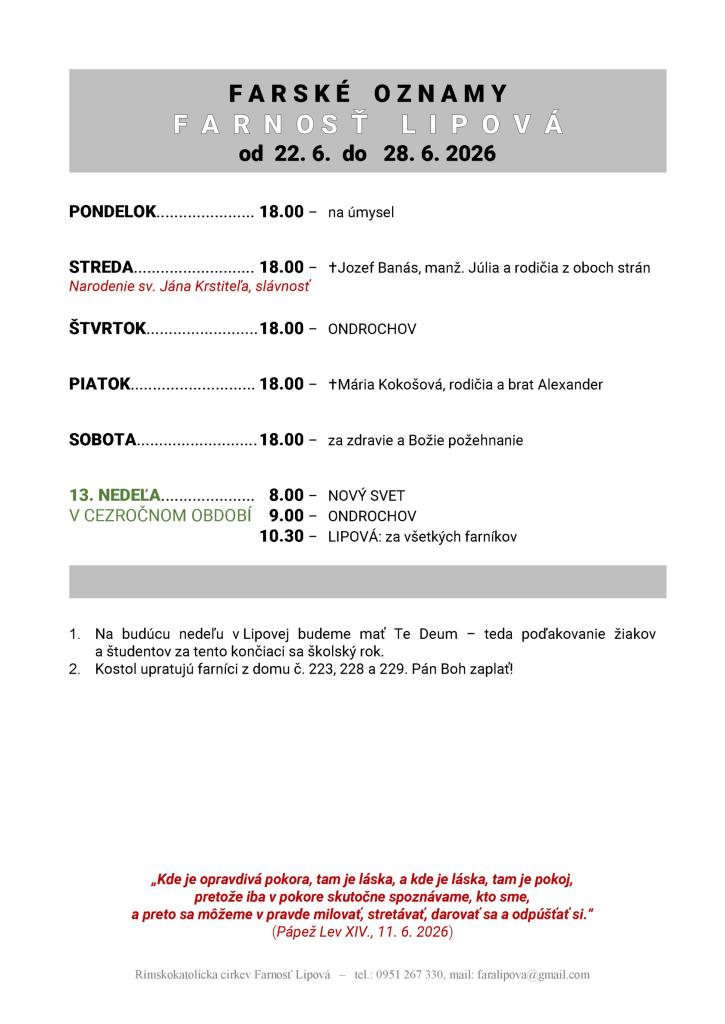 Poriadok bohoslužieb od&nbsp;22.06. do&nbsp;28.06.2026