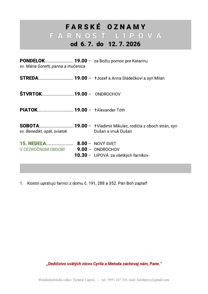 Poriadok bohoslužieb od&nbsp;06.07. do&nbsp;12.07.2026