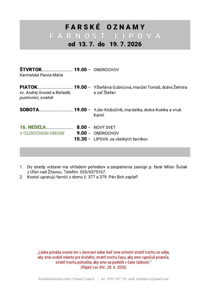 Poriadok bohoslužieb od&nbsp;13.07. do&nbsp;19.07.2026