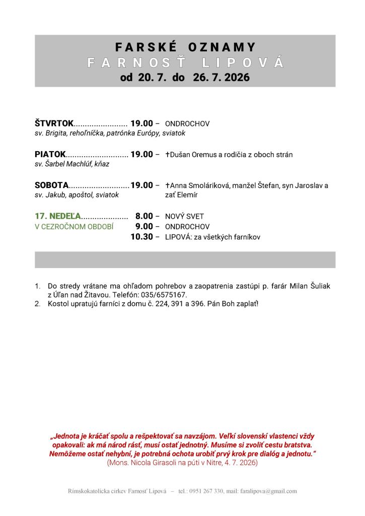 Poriadok bohoslužieb od&nbsp;20.07. do&nbsp;26.07.2026