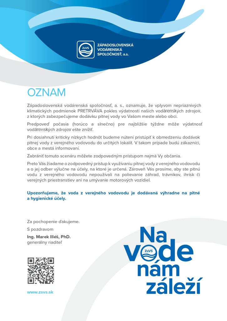 Oznam ZsVS o&nbsp;aktuálnej situácií s&nbsp;pitnou vodou
