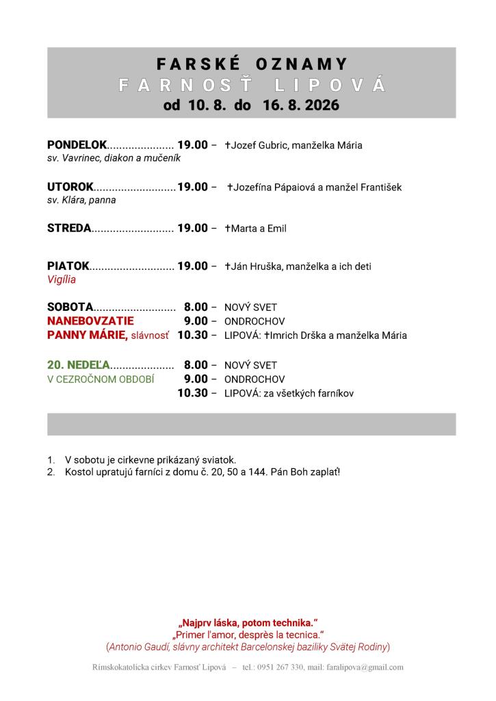 Poriadok bohoslužieb od&nbsp;10.08. do&nbsp;16.08.2026