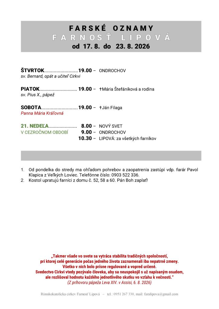 Poriadok bohoslužieb od&nbsp;17.08. do&nbsp;23.08.2026