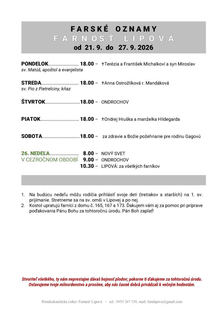 Poriadok bohoslužieb od&nbsp;21.09. do&nbsp;27.09.2026