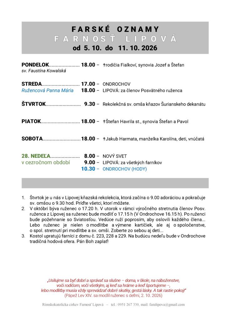 Poriadok bohoslužieb od&nbsp;05.10. do&nbsp;11.10.2026