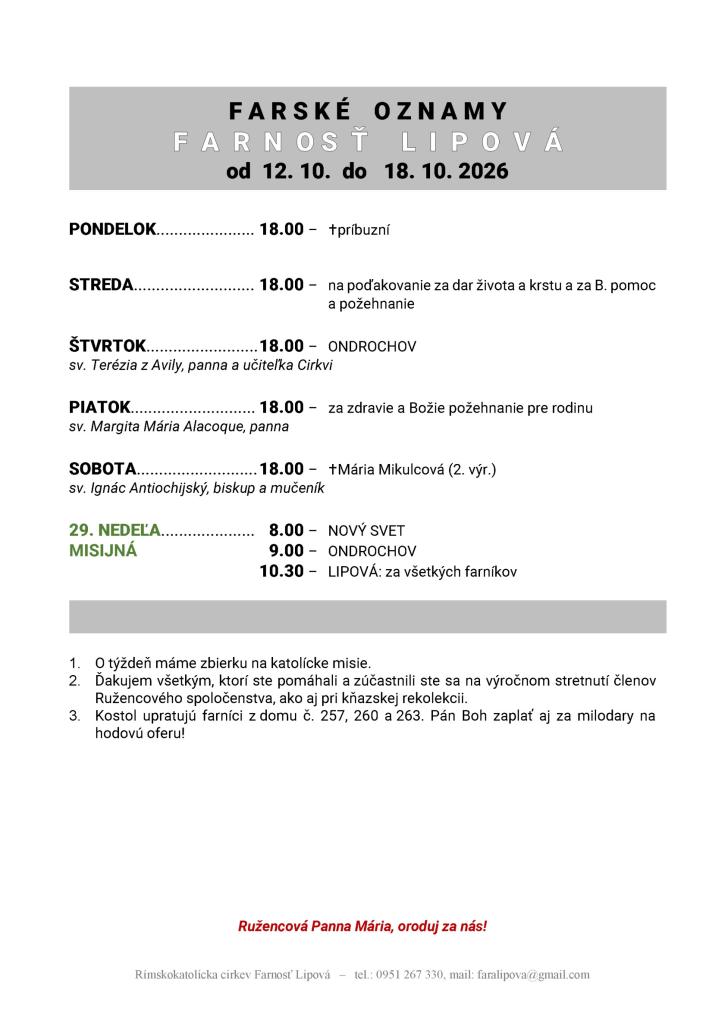 Poriadok bohoslužieb od&nbsp;12.10. do&nbsp;18.10.2026