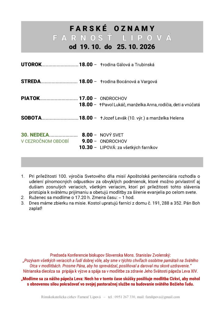 Poriadok bohoslužieb od&nbsp;19.10. do&nbsp;25.10.2026