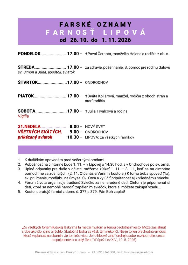 Poriadok bohoslužieb od&nbsp;26.10. do&nbsp;01.11.2026