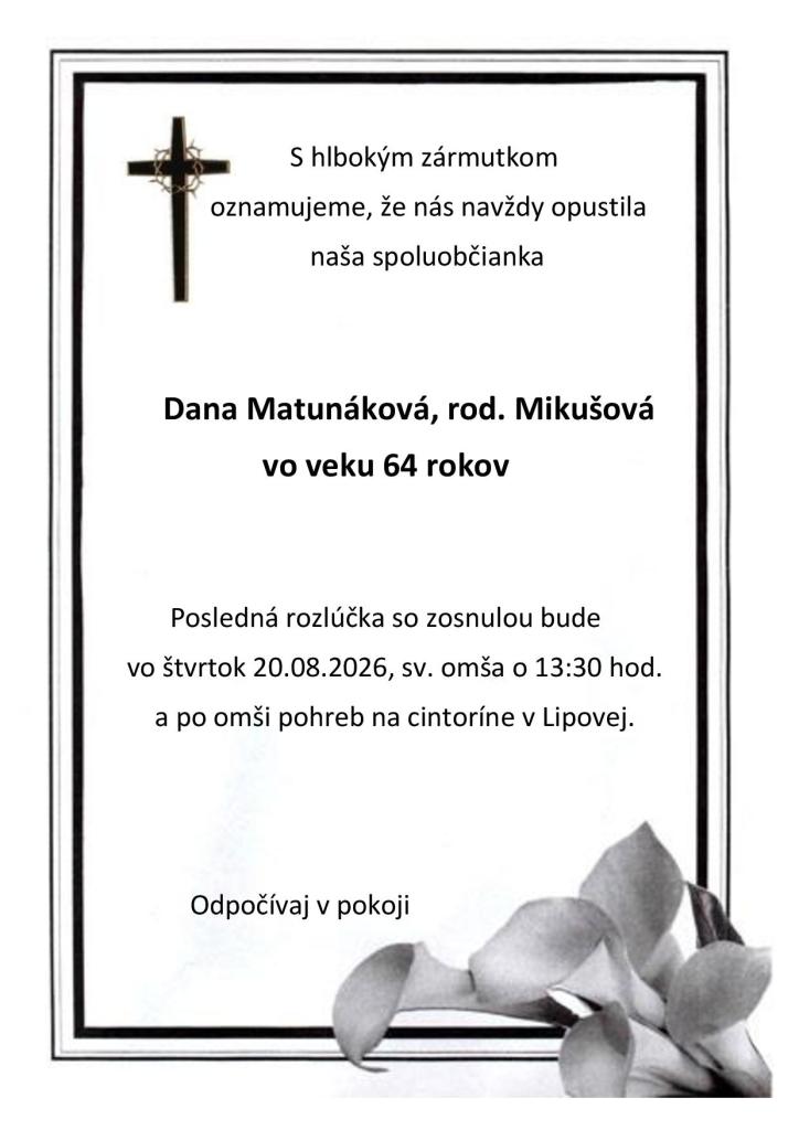 Smútočné oznámenie - Dana Matunáková
