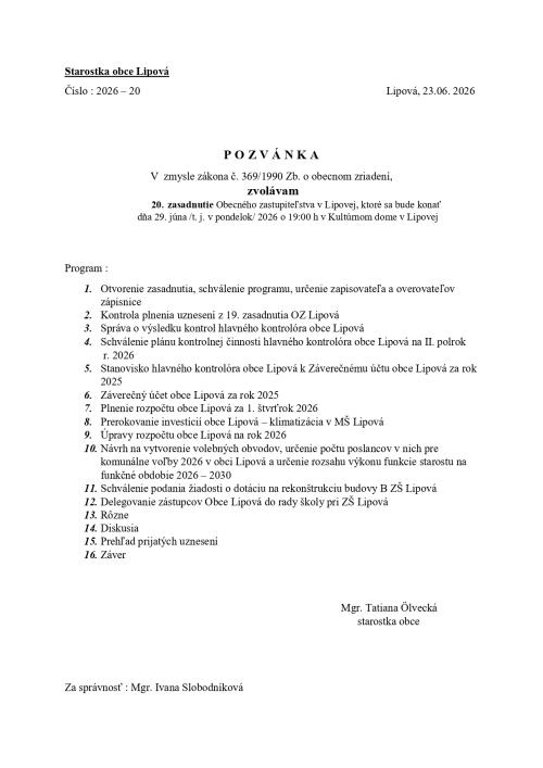 Pozvánka na 20. zasadnutie OZ Lipová